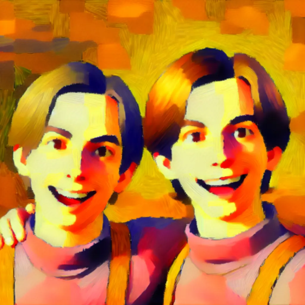 Stylizowany portret dwójki bohaterów w ciepłej palecie barw