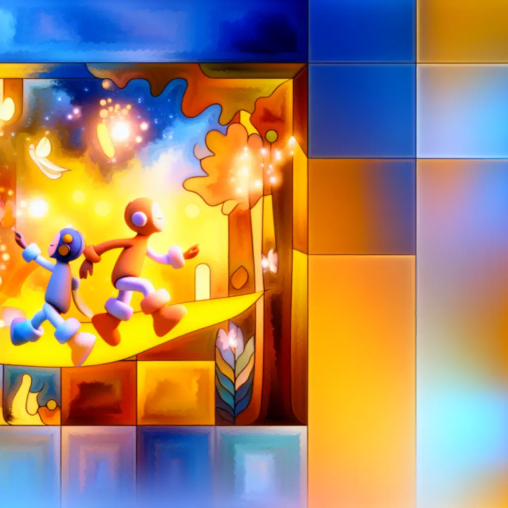 Kolorowy, dynamiczny kolaż nawiązujący do kooperacyjnej zabawy w It Takes Two