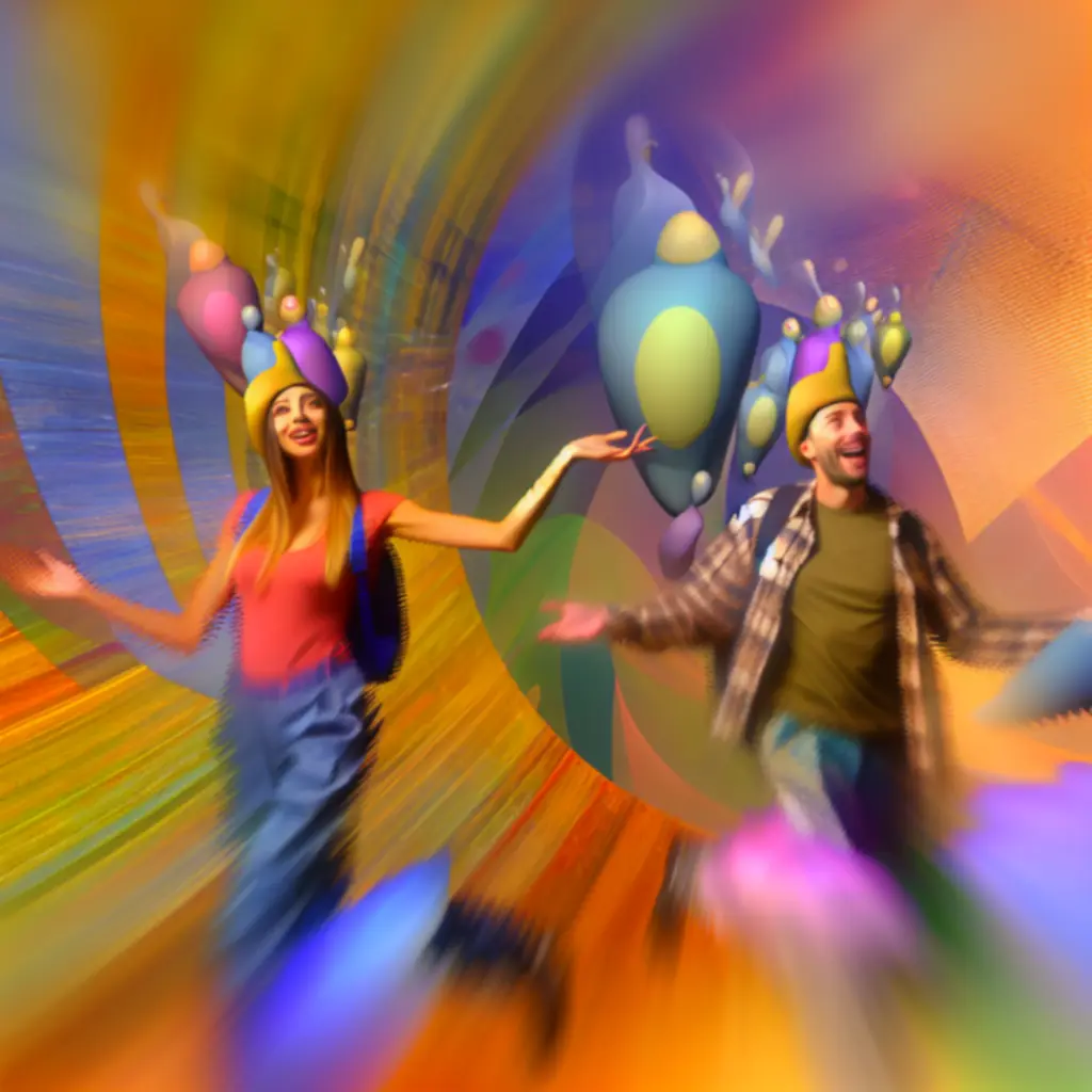 Kolorowa grafika inspirowana It Takes Two przedstawiająca motywy współpracy i przygody.