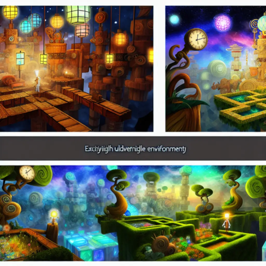 Zestawienie zrzutów ekranu z różnorodnych poziomów It Takes Two: warsztat, ogród i kosmos